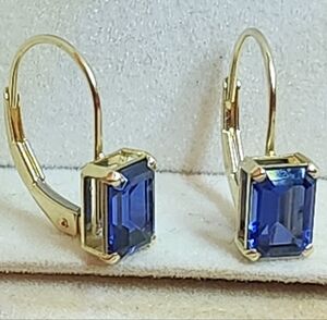 14K Solid Yellow Gold Leverback Earrings Navy Blue